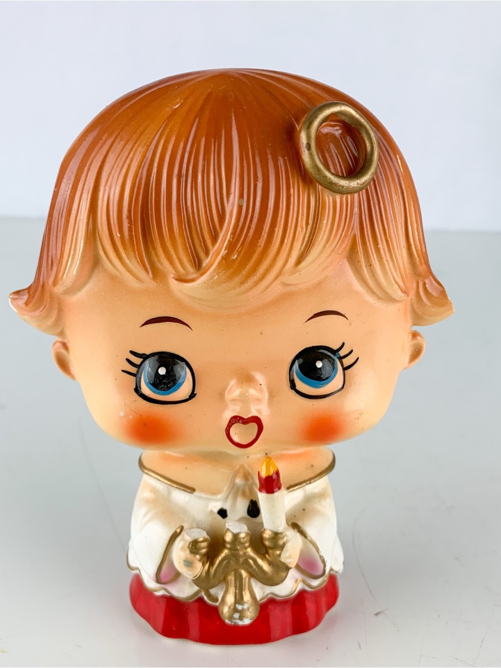 Vintage Lipper Mann Japan Christmas Big Eyes Flat Head Caroler Damaged Repaired